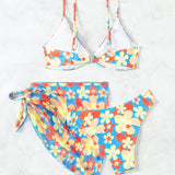 Swim Conjunto de bikini con estampado floral para damas con falda y top - tres piezas