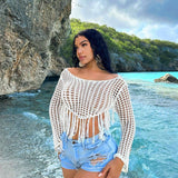 SXY Blusa de playa de vacaciones de verano para mujeres con manga larga y borlas de malla de ganchillo