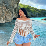 SXY Blusa de playa de vacaciones de verano para mujeres con manga larga y borlas de malla de ganchillo