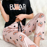 Conjunto De Pijama De CamiConjuntoa De Manga Corta Con Estampado De Oso De Dibujos Animados Y Letras Y Pantalones Decorados Con Lazo