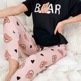 Conjunto De Pijama De CamiConjuntoa De Manga Corta Con Estampado De Oso De Dibujos Animados Y Letras Y Pantalones Decorados Con Lazo