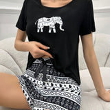 Conjunto De Pijama De Elefante Impreso En CamiConjuntoa Y Shorts