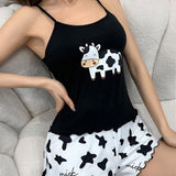 Conjunto De Pijama Para Mujer Con Camisola Y Pantalones Cortos Con Estampado De Vaca