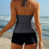 Swim Vcay Conjunto de tankini con cuello halter y lunares con adorno maduro de playa de verano