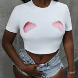 Camiseta Corta Con Estampado De Fresas Para Mujer