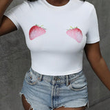 Camiseta Corta Con Estampado De Fresas Para Mujer