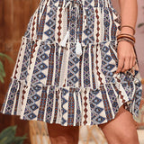 VCAY Plus Size Geometric Patterned Skirt With Fringe Decor And Elastic Waistband
