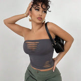 BAE Crop Top Ajustado Color Solido De Estilo Wasteland Con Detalle De Corte Y Huecos Desgastados, Gris, Es Adecuado Para Usar Diario, En Primavera, Verano Streetwear, Conciertos, Festivales De Musica