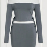 EZwear Conjunto De Falda Y Top Lateral Anudado Con Hombros Descubiertos Y Panel En Contraste Conjunto De Punto Gris