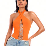 BAE Body Halter De Cadena Delicado De Rodio De Naranja Y Mandarina Con Cruz Hueca