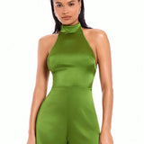 BAE Avocado Green Halter Neck A-Line Backless Jumpsuit With Crisscross Wide Leg Pants