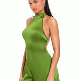 BAE Avocado Green Halter Neck A-Line Backless Jumpsuit With Crisscross Wide Leg Pants