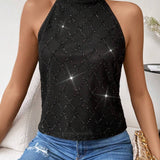 Blusa Halter Con Cuello Anudado A Cuadros De Diamantes Brillantes Para Mujer