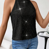 Blusa Halter Con Cuello Anudado A Cuadros De Diamantes Brillantes Para Mujer