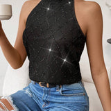 Blusa Halter Con Cuello Anudado A Cuadros De Diamantes Brillantes Para Mujer