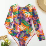 Swim Traje de bano de una pieza de manga larga para mujer con estampado de patron de planta tropical para playa de verano