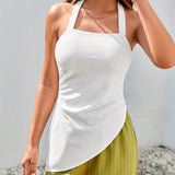 Top blanco de mujer con estilo casual de calle, cuello halter, cinturon, dobladillo irregular y reunion en la cintura