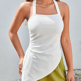 Top blanco de mujer con estilo casual de calle, cuello halter, cinturon, dobladillo irregular y reunion en la cintura