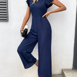 Clasi Solid Color Loose Fit Wide Leg Jumpsuit With Keyhole Collar