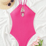 Swim Traje De Bano De Una Pieza De Punto Acanalado Con Anillo Para Mujer, Espalda Descubierta Y Hueco, unicolor, Para Verano, Playa, Vacaciones, Viajes, Festivales Y Piscinas