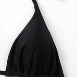Swim Conjunto De Cuatro Piezas Separado De Bikini De Color Solido + Pareo Estampado Tenido Anudado Para Mujer