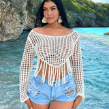 SXY Blusa de playa de vacaciones de verano para mujeres con manga larga y borlas de malla de ganchillo