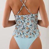 Swim Conjunto de tankini con estampado de flores para playa de verano y espalda cruzada