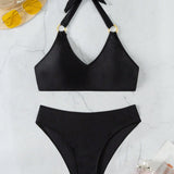 Swim Conjunto de bikini de dos piezas de color liso, con diseño de argolla en el cuello de halter, para playa de verano