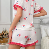 Conjunto De Pijama De Mujer Con Solapa Floral Estampada Y Ribete En Contraste