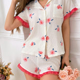 Conjunto De Pijama De Mujer Con Solapa Floral Estampada Y Ribete En Contraste