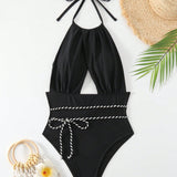 Swim Chicsea Traje De Bano De Una Pieza Con Cuello Halter Y Huecos