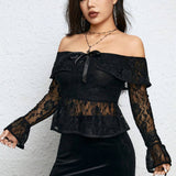 ROMWE Goth Top de encaje de malla con hombros descubiertos y unicolor para mujer