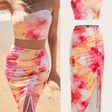 VCAY Conjunto De Dos Piezas Sin Tirantes Tenido Con Tecnica Tie-dye Estilo Vacaciones Para Mujer