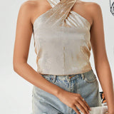 Prive Blusa sin mangas con cuello halter cruzado, top elegante para salir