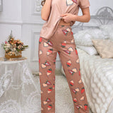 Conjunto De Pijama Para Mujer De Manga Corta Y Pantalones Con Estampado De Fresa