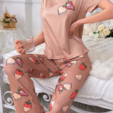 Conjunto De Pijama Para Mujer De Manga Corta Y Pantalones Con Estampado De Fresa
