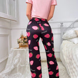 Conjunto De Pijama Para Mujer Con Estampado De Fresas Y Letras
