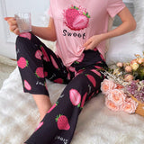 Conjunto De Pijama Para Mujer Con Estampado De Fresas Y Letras