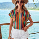 VCAY Camisa De Vacaciones Con Rayas De Bloque De Color, Huecos, Retorcidos En La Espalda