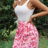 Frenchy Conjunto De Verano De 2 Piezas - Top De tank Acanalado De Color Solido Y Falda Envolvente Con Estampado Floral