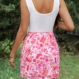 Frenchy Conjunto De Verano De 2 Piezas - Top De tank Acanalado De Color Solido Y Falda Envolvente Con Estampado Floral