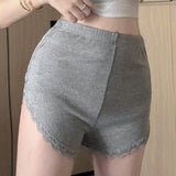 DAZY Pantalones Cortos Elasticos De Cintura Ajustada Con Parche De Encaje En Color Solido Para Mujer