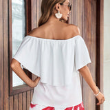 VCAY Conjunto De Blusa Con Hombros Descubiertos Y Volantes En Color Solido Para Mujer Y Pantalones Cortos Con Estampado De Plantas Tropicales