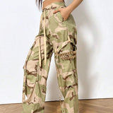 Coolane Pantalones Largos Para Mujeres Decorados Con Detalles De Camuflaje Y Borlas