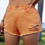 Pantalones Cortos De Talla Grande Para Mujer En Color Naranja Desgastado Con Corte Suelto