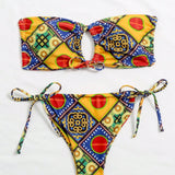 Swim Conjunto de bikini con estampado mixto, sujetador bandeau con lazo y parte inferior de tanga, traje de bano de 2 piezas