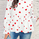 Blusa Con Cuello Mandarin De a Grande Con Estampado De Corazones Y Mangas Con Volantes