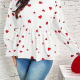 Blusa Con Cuello Mandarin De a Grande Con Estampado De Corazones Y Mangas Con Volantes