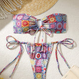Swim Conjunto de bikini sin tirantes y con corbata con impresion vintage para playa de verano