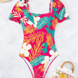 Swim Vcay Traje de bano de una pieza para mujer con diseno de lazo trasero y estampado de patron vegetal, perfecto para la playa de verano, sin aro de acero